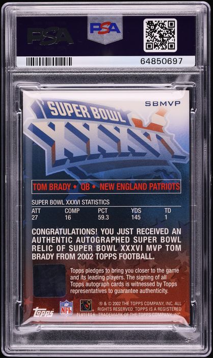 2002 Topps Super Bowl XXXVI MVP Tom Brady RELIC AUTO /150 #SBMVP PSA 8 NM-MT