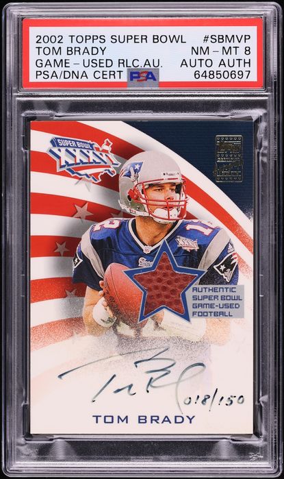 2002 Topps Super Bowl XXXVI MVP Tom Brady RELIC AUTO /150 #SBMVP PSA 8 NM-MT