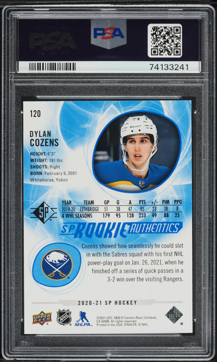 2020 SP Hockey Blue Dylan Cozens ROOKIE #120 PSA 10 GEM MINT