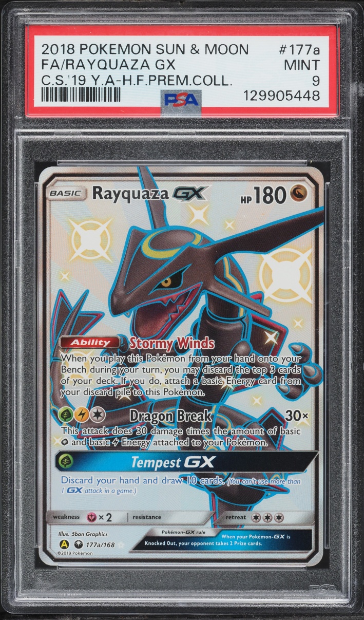 2018 Pokemon Sun & Moon Hidden Fates Premium Full Art Rayquaza GX #177a PSA 9 MINT