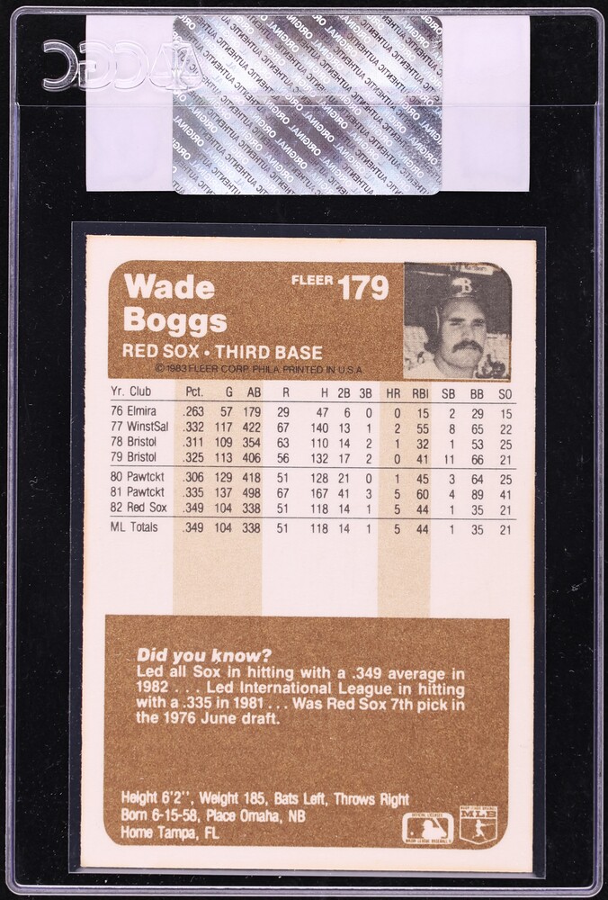 1983 Fleer Wade Boggs ROOKIE #179 CGC AUTH