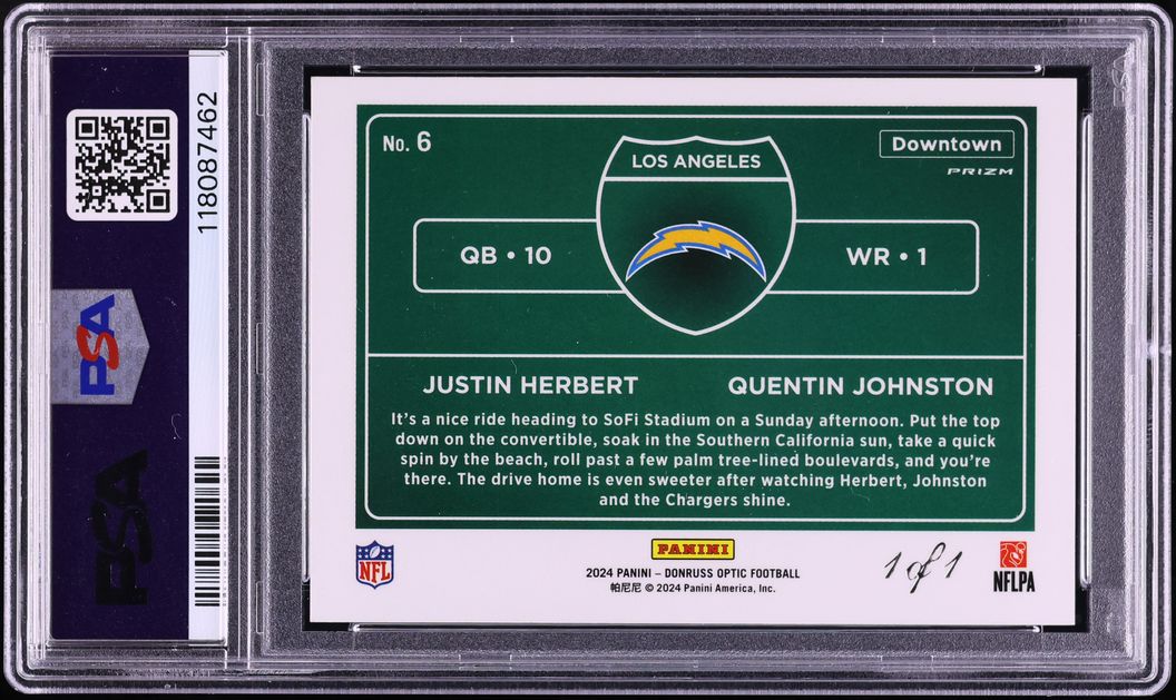 2024 Donruss Optic Downtown White Sparkle Prizm Justin Herbert & Quentin Johnston 1/1 #6 PSA 8