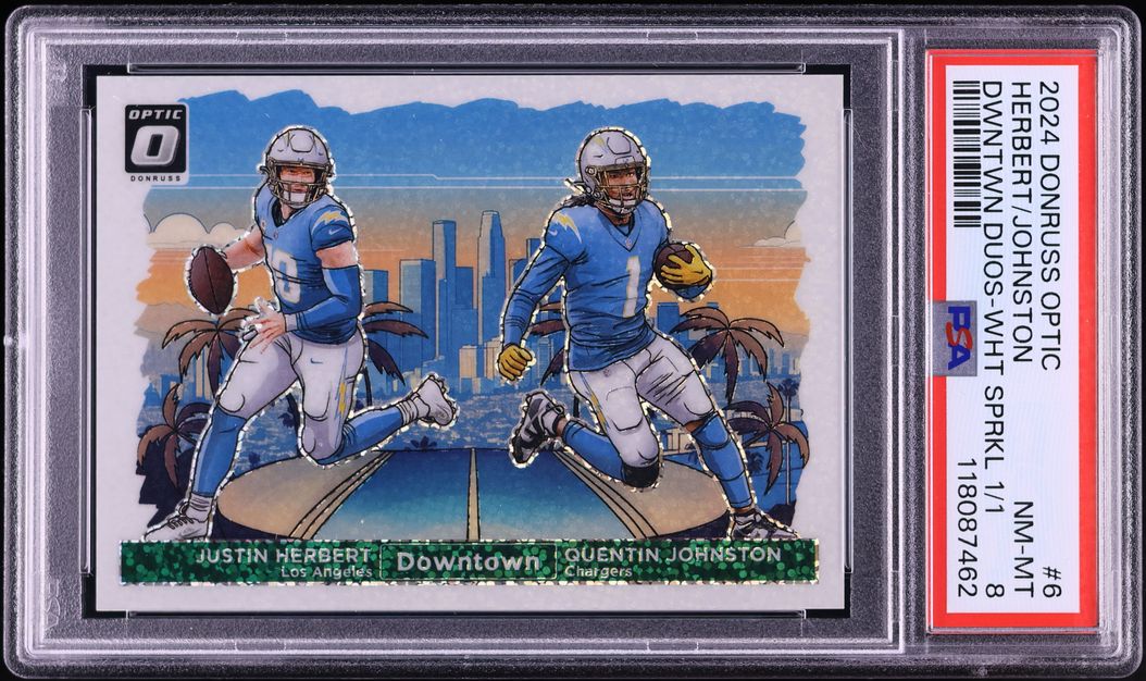 2024 Donruss Optic Downtown White Sparkle Prizm Justin Herbert & Quentin Johnston 1/1 #6 PSA 8