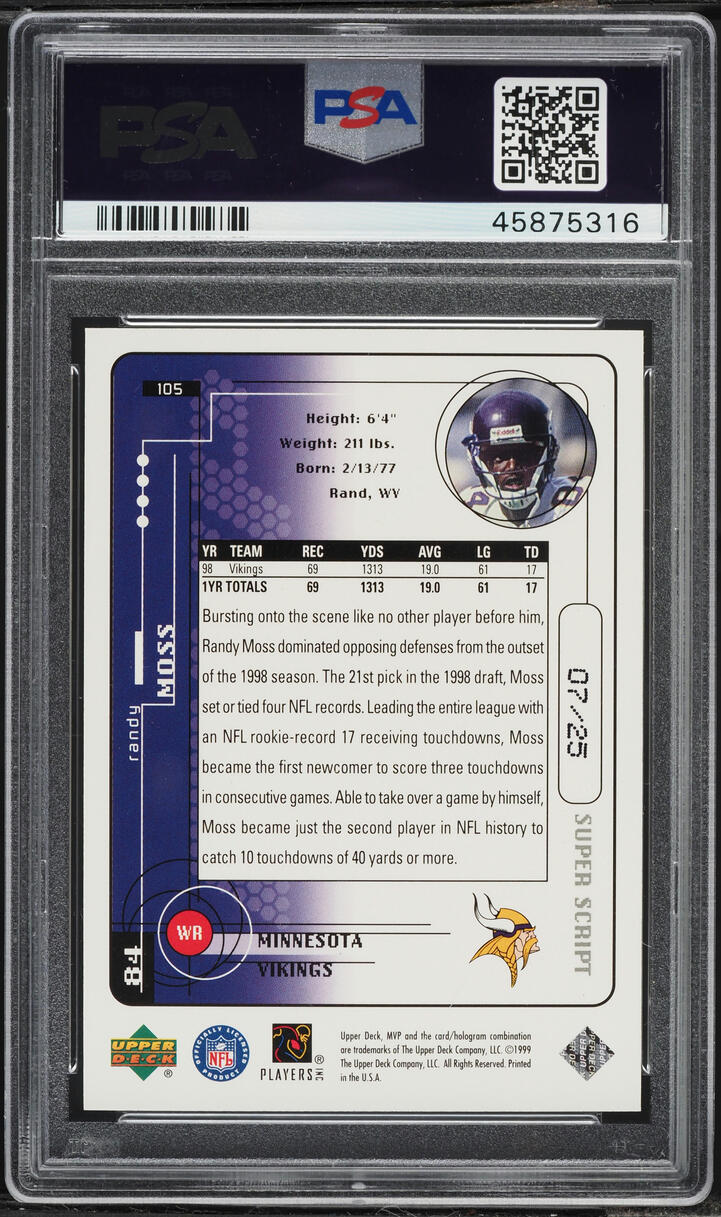 1999 Upper Deck MVP Super Script Randy Moss /25 #105 PSA 10 GEM MINT