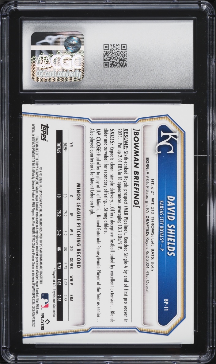 2026 Bowman Green Pattern David Shields PROSPECT /99 #BP-11 CGC 9 MINT