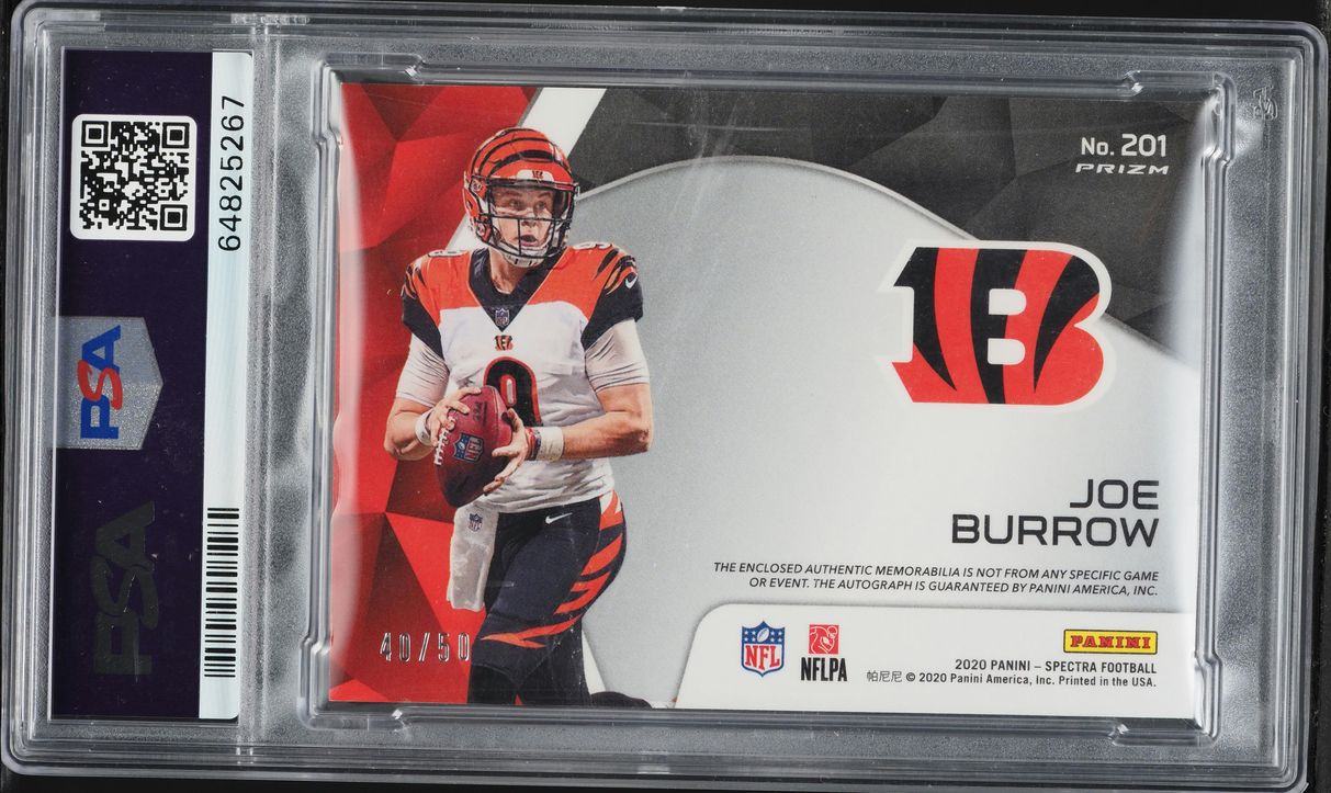 2020 Panini Spectra Neon Green Joe Burrow ROOKIE PATCH AUTO /50 #201 PSA 9 MINT