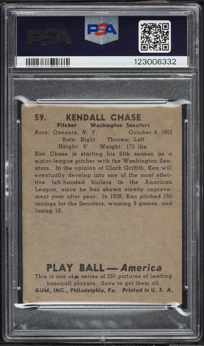 1939 Play Ball Ken Chase #59 PSA 3 VG