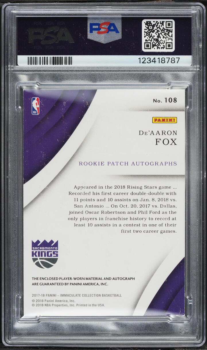 2017 Immaculate Collection De'Aaron Fox ROOKIE PATCH AUTO /99 #108 PSA 7 NRMT