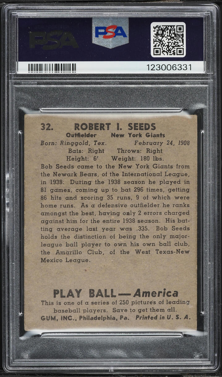 1939 Play Ball Bob Seeds #32 PSA 3 VG