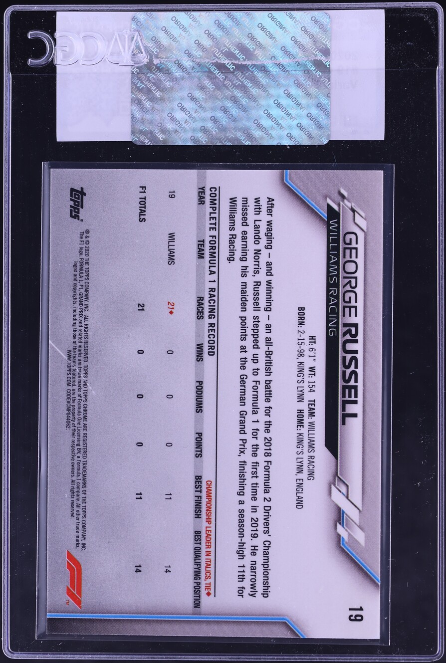 2020 Topps Chrome Formula 1 Variation George Russell ROOKIE #19 CGC AUTH