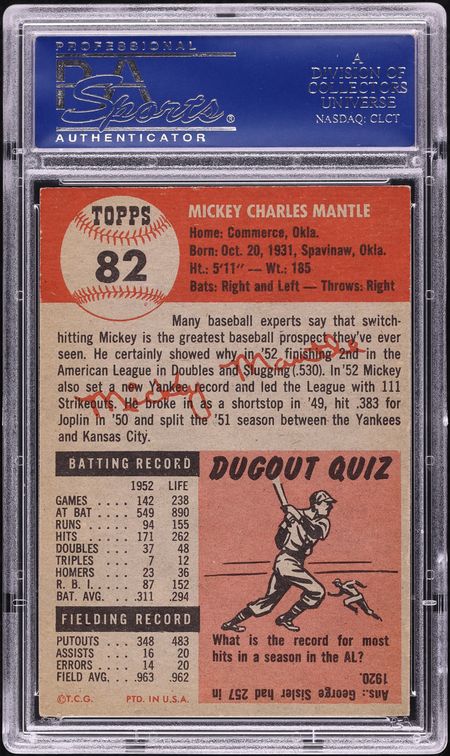 1953 Topps Mickey Mantle SHORT PRINT #82 PSA 7 NRMT