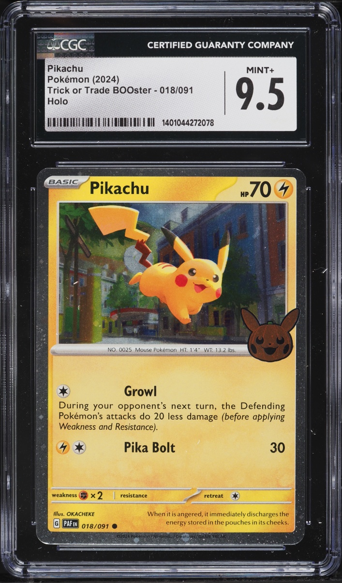 2024 Pokemon Scarlet & Violet Paldean Fates Trick Or Trade Holo Pikachu #18 CGC 9.5 MINT+