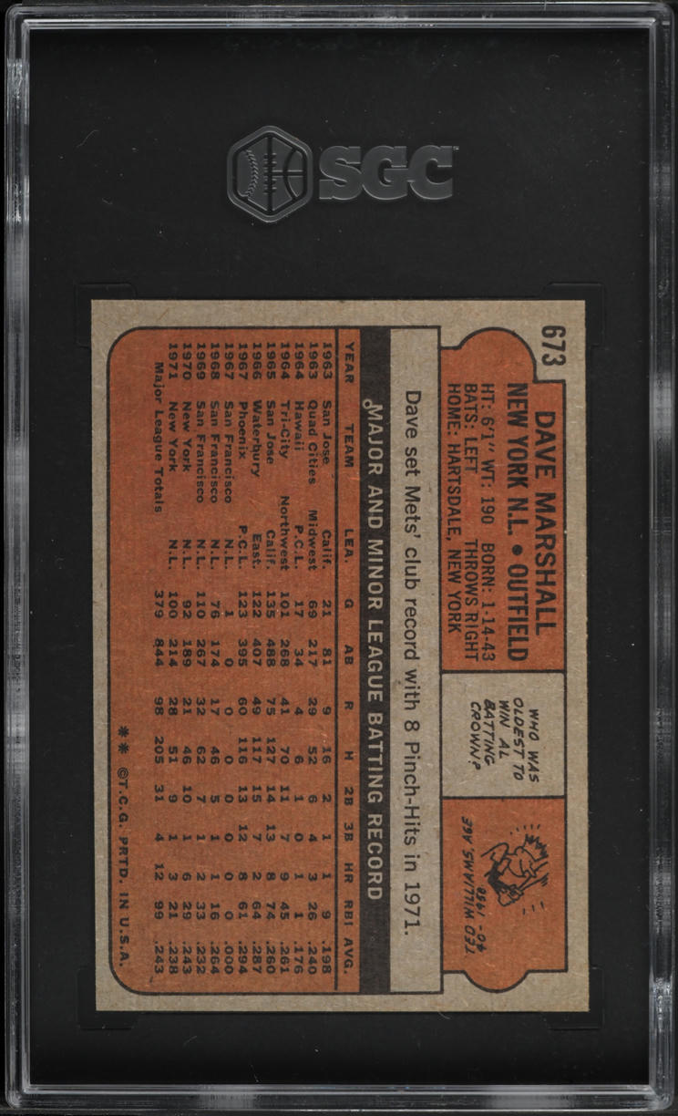 1972 Topps Dave Marshall #673 SGC 10 GEM MINT