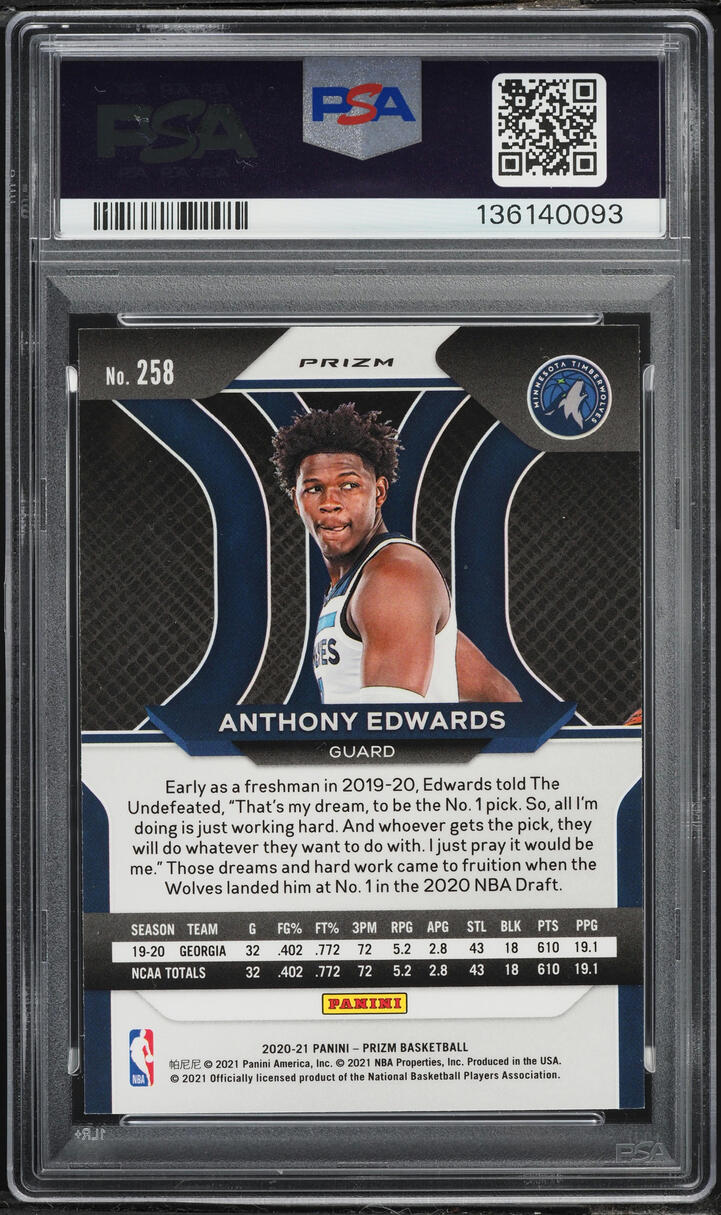 2020 Panini Prizm Ruby Wave Anthony Edwards ROOKIE #258 PSA 10 GEM MINT