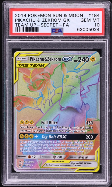 2019 Pokemon Sun & Moon Team Up Rainbow Rare Pikachu & Zekrom GX #184 PSA 10 GEM MINT