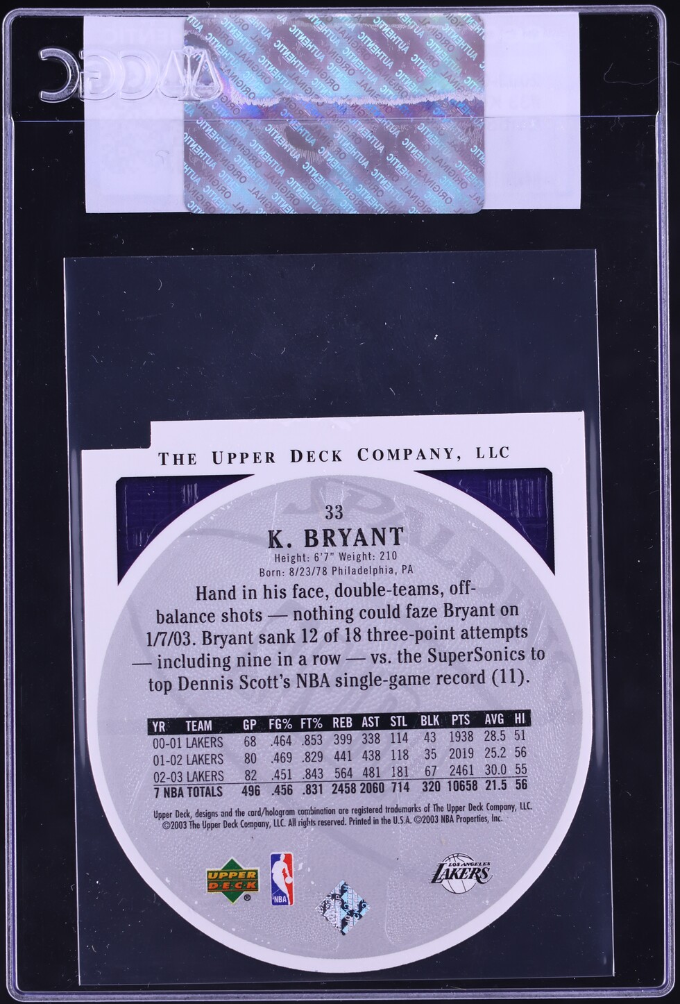 2003 Upper Deck Standing "O" Embossed Die-Cut Kobe Bryant #33 CGC AUTH