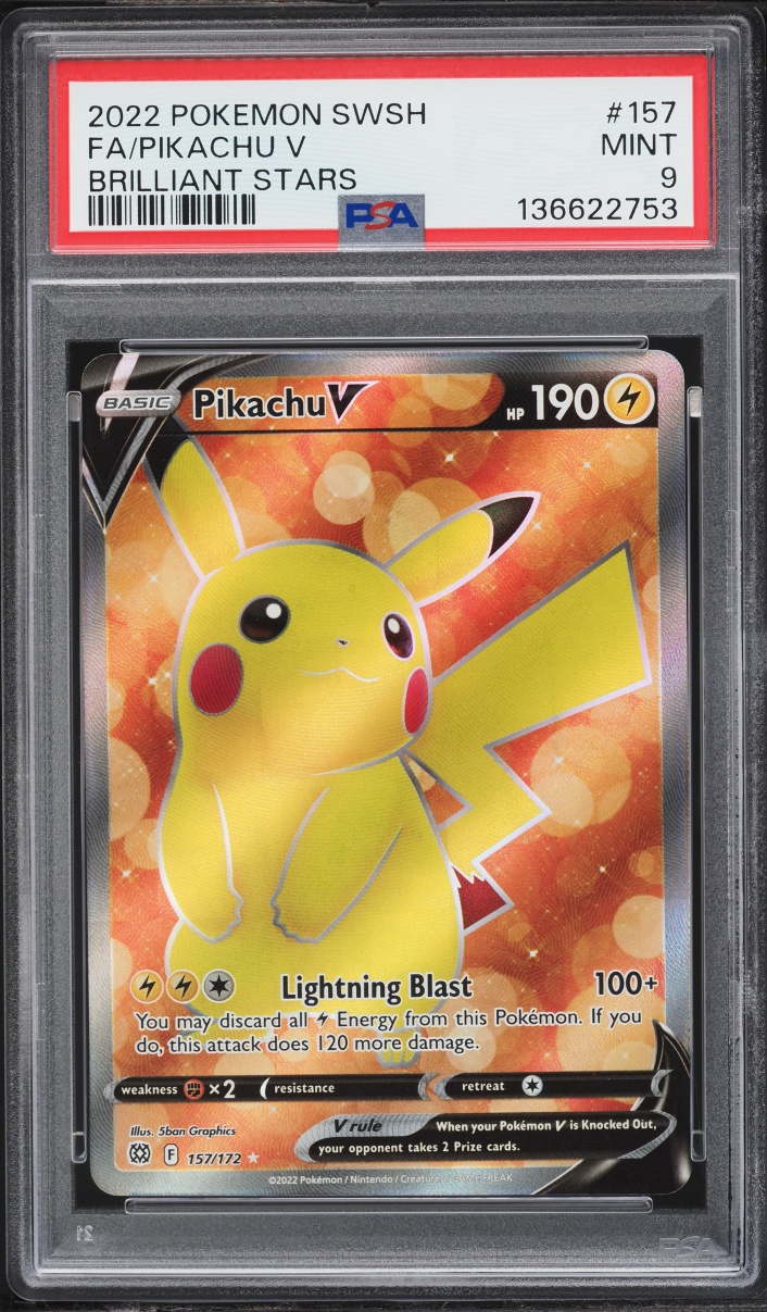 2022 Pokemon Sword & Shield Brilliant Stars Full Art Pikachu V #157 PSA 9 MINT