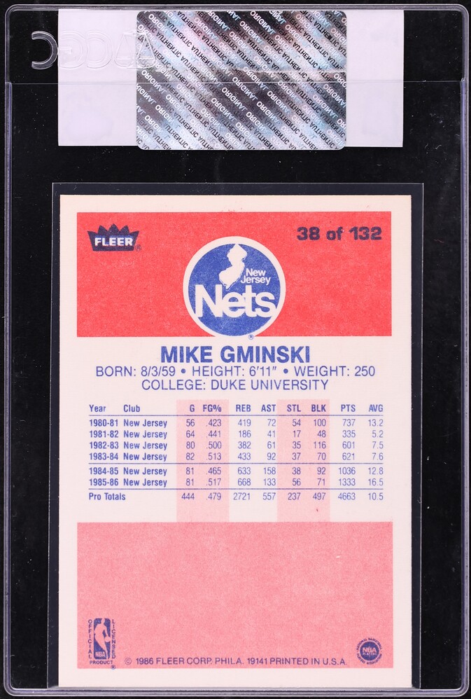1986 Fleer Basketball Mike Gminski #38 CGC AUTH