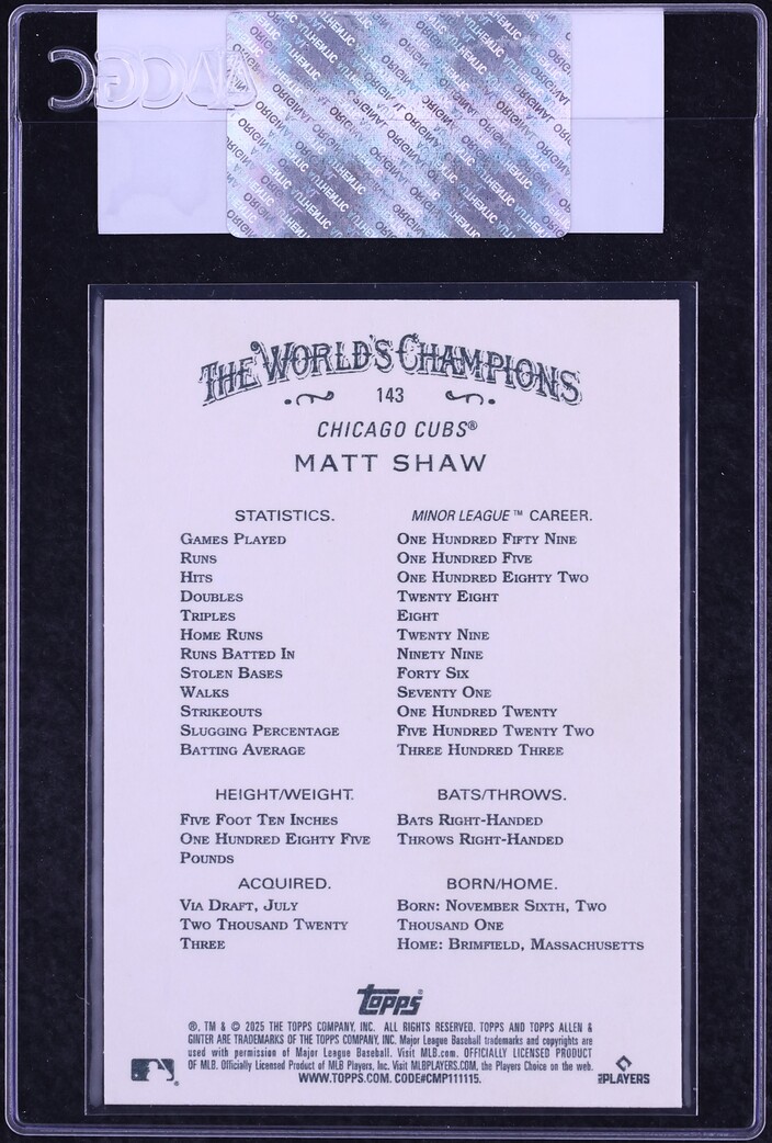 2025 Topps Allen & Ginter Matt Shaw ROOKIE #143 CGC AUTH