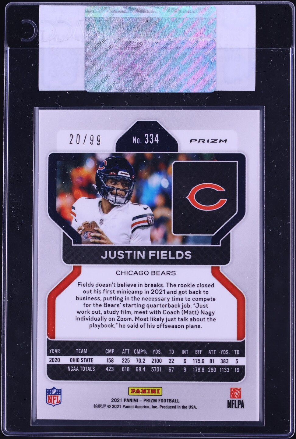 2021 Panini Prizm Blue Ice Justin Fields ROOKIE /99 #334 CGC AUTH