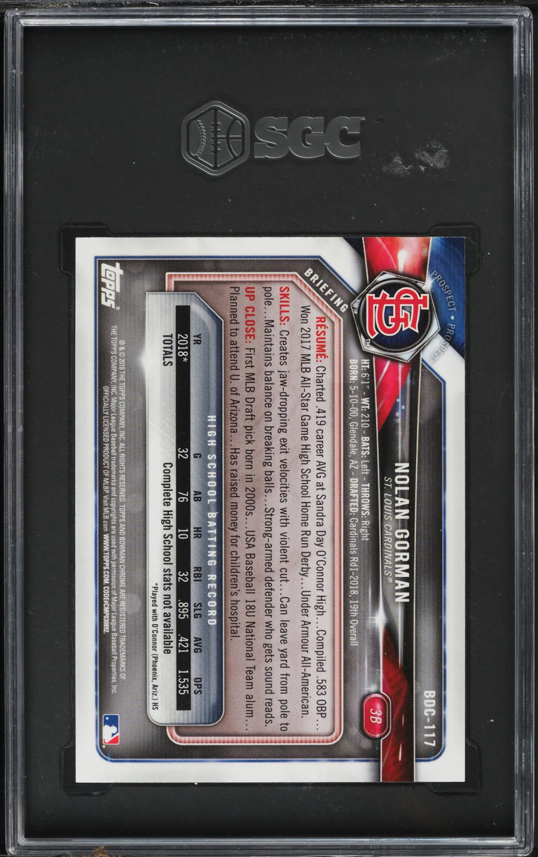 2018 Bowman Chrome Draft Nolan Gorman PROSPECT #BDC-117 SGC 10 GEM MINT