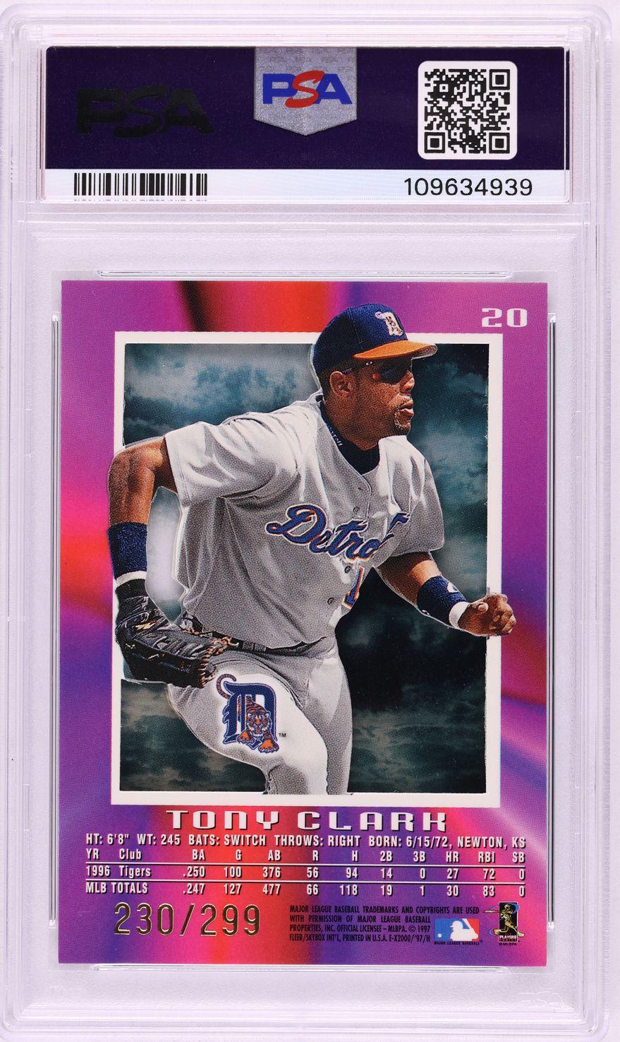 1997 Skybox E-X 2000 Credentials Tony Clark /299 #20 PSA 8 NM-MT