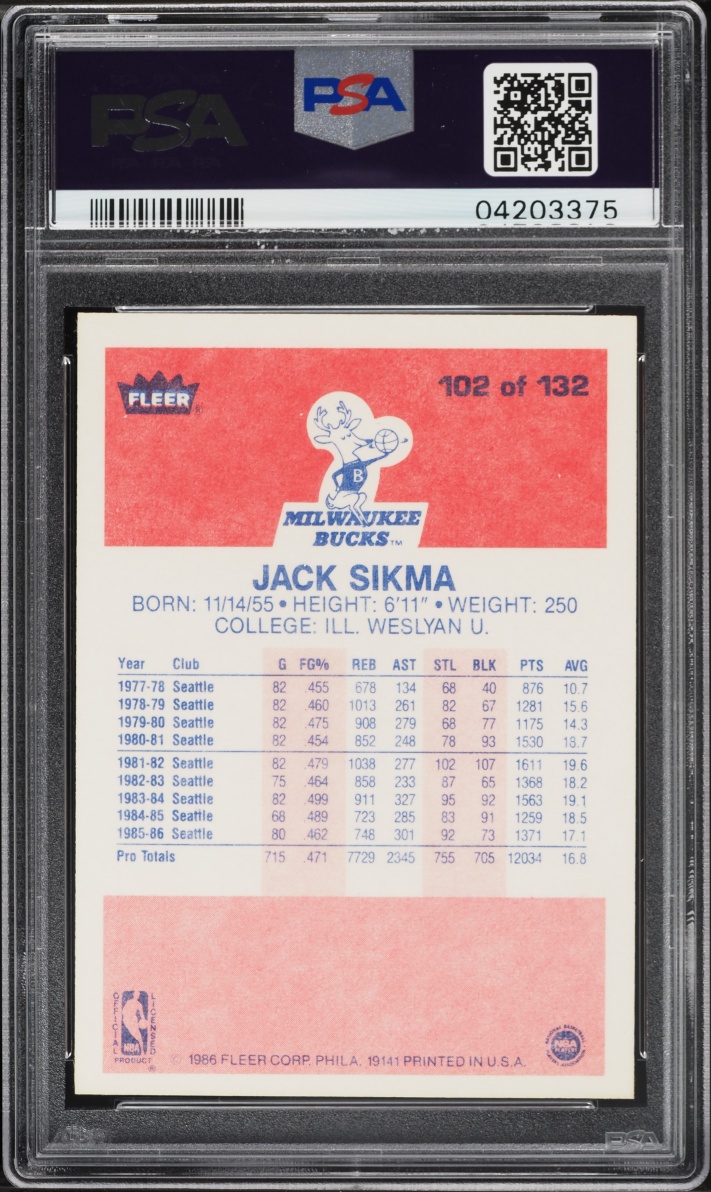 1986 Fleer Basketball Jack Sikma #102 PSA 9 MINT
