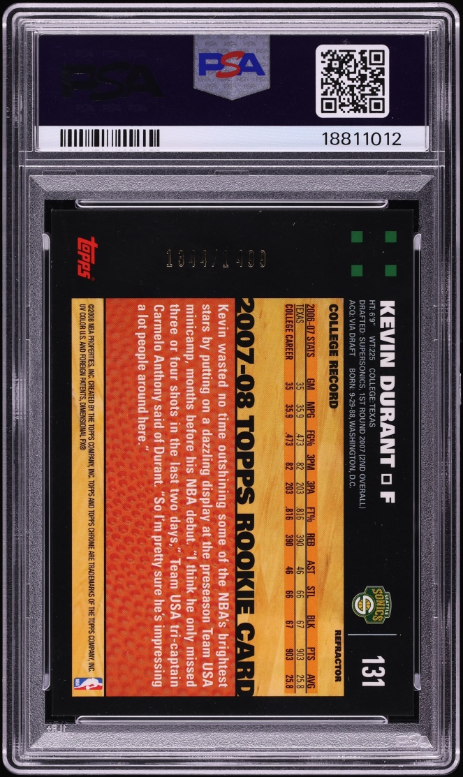 2007 Topps Chrome Refractor Kevin Durant ROOKIE /1499 #131 PSA 10 GEM MINT