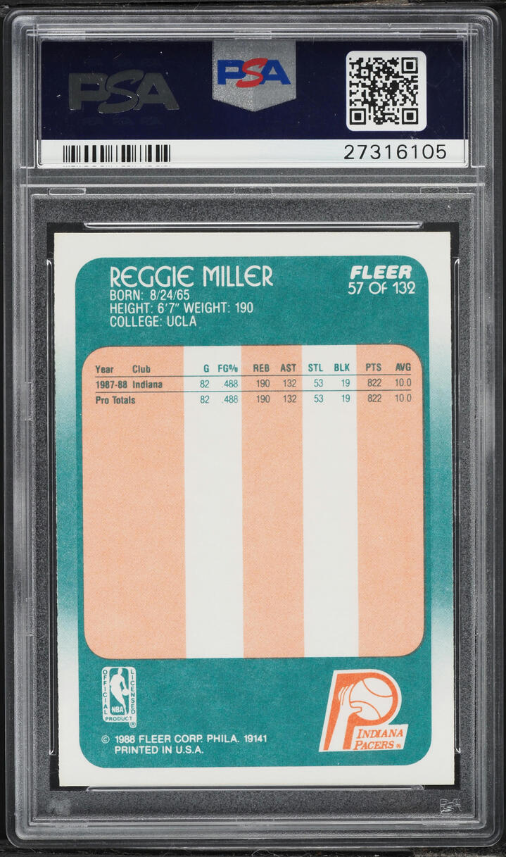 1988 Fleer Basketball Reggie Miller ROOKIE #57 PSA 10 GEM MINT