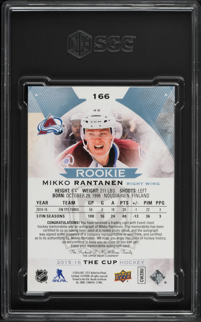 2015 Upper Deck The Cup Mikko Rantanen ROOKIE PATCH AUTO /249 #166 SGC 8.5