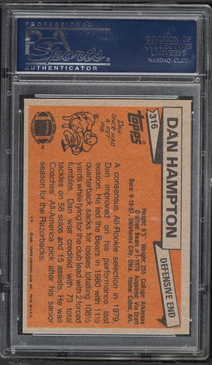1981 Topps Football Dan Hampton ROOKIE #316 PSA 9 MINT