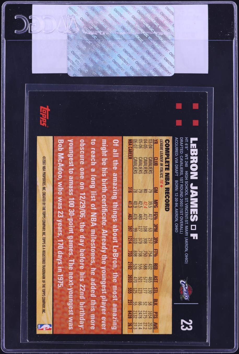 2007 Topps Basketball LeBron James #23 CGC AUTH