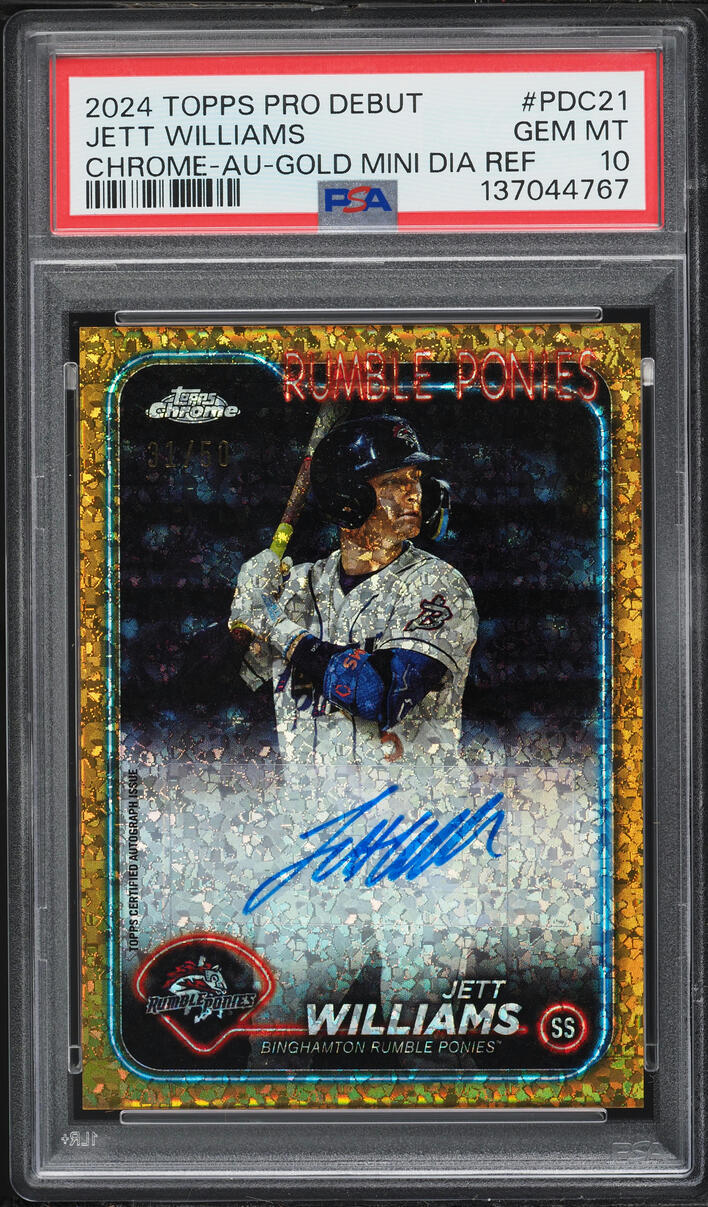2024 Topps Chrome Pro Debut Gold Mini-Diamond Refractor Jett Williams PROSPECT AUTO /50 PSA 10
