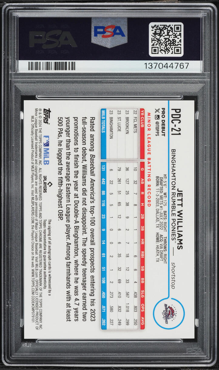 2024 Topps Chrome Pro Debut Gold Mini-Diamond Refractor Jett Williams PROSPECT AUTO /50 PSA 10