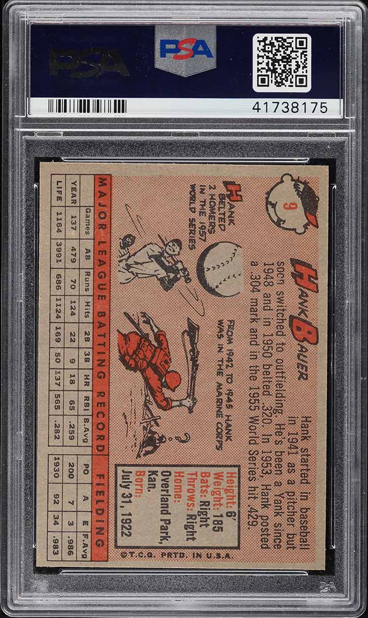 1958 Topps Hank Bauer #9 PSA 9 MINT