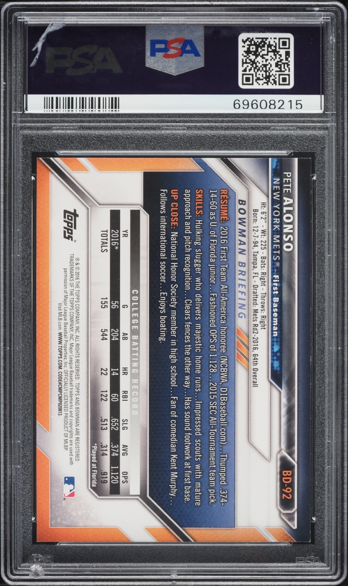 2016 Bowman Draft Pete Alonso PROSPECT #BD-92 PSA 7 NRMT