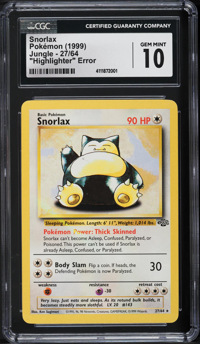 1999 Pokemon Jungle Highlighter Error Snorlax #27 CGC 10 GEM MINT