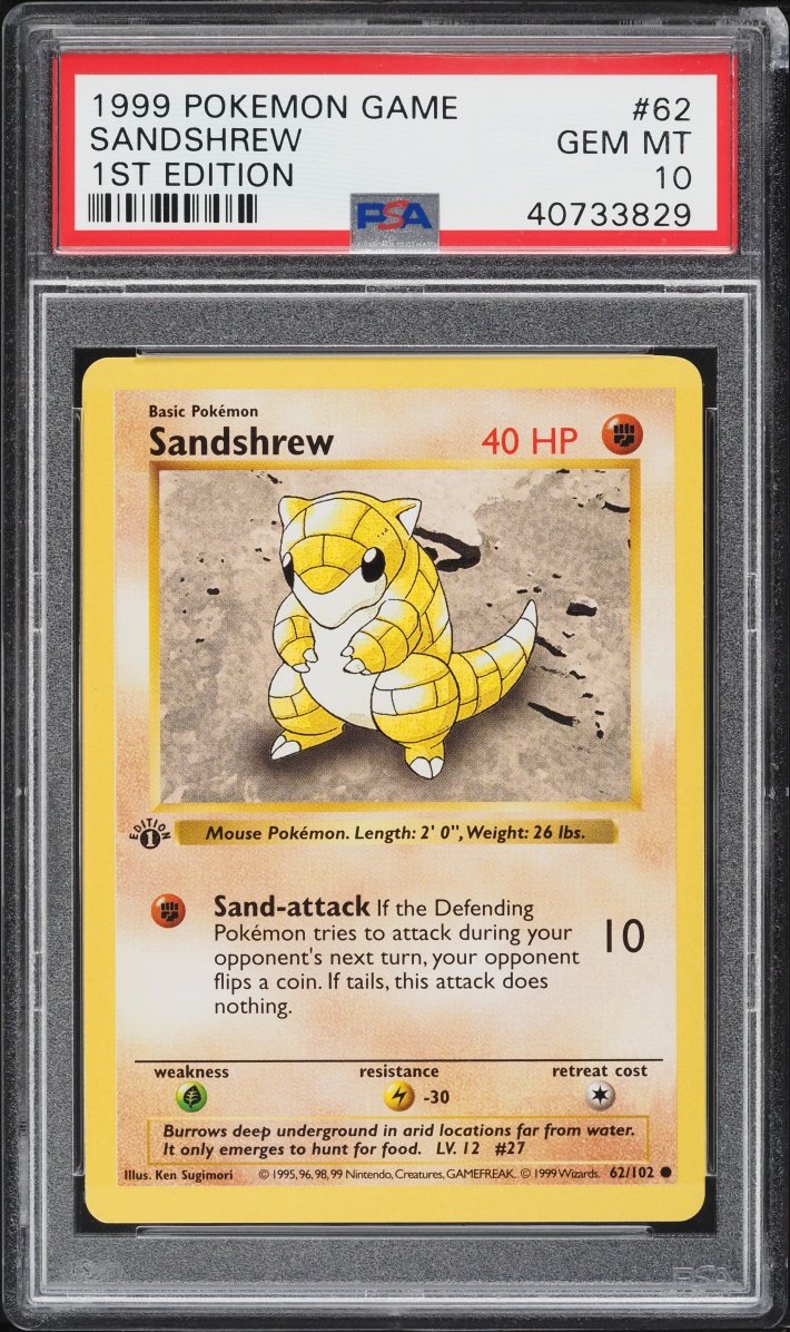 1999 Pokemon Base Set Shadowless 1st Edition Sandshrew #62 PSA 10 GEM MINT