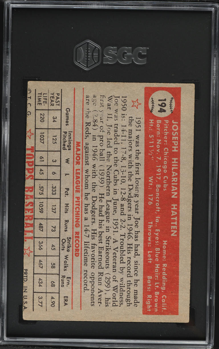 1952 Topps Joe Hatten #194 SGC 5 EX