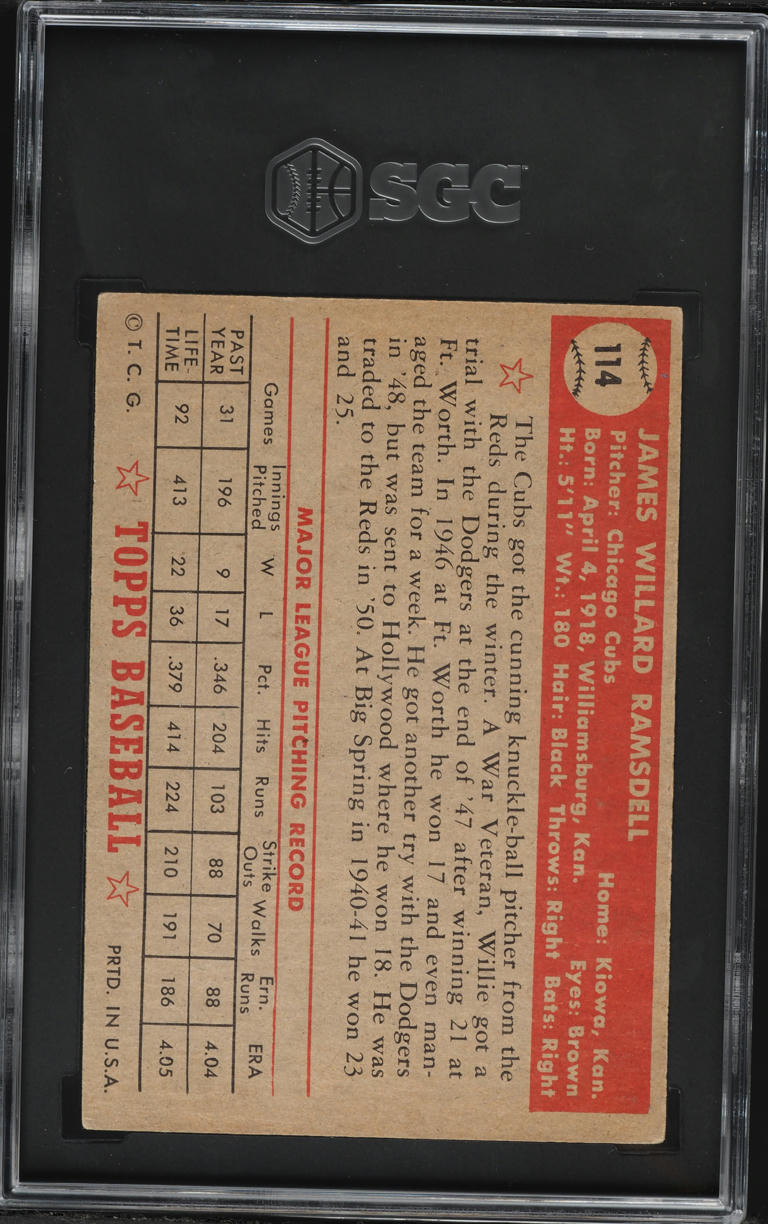 1952 Topps Willard Ramsdell #114 SGC 4 VGEX