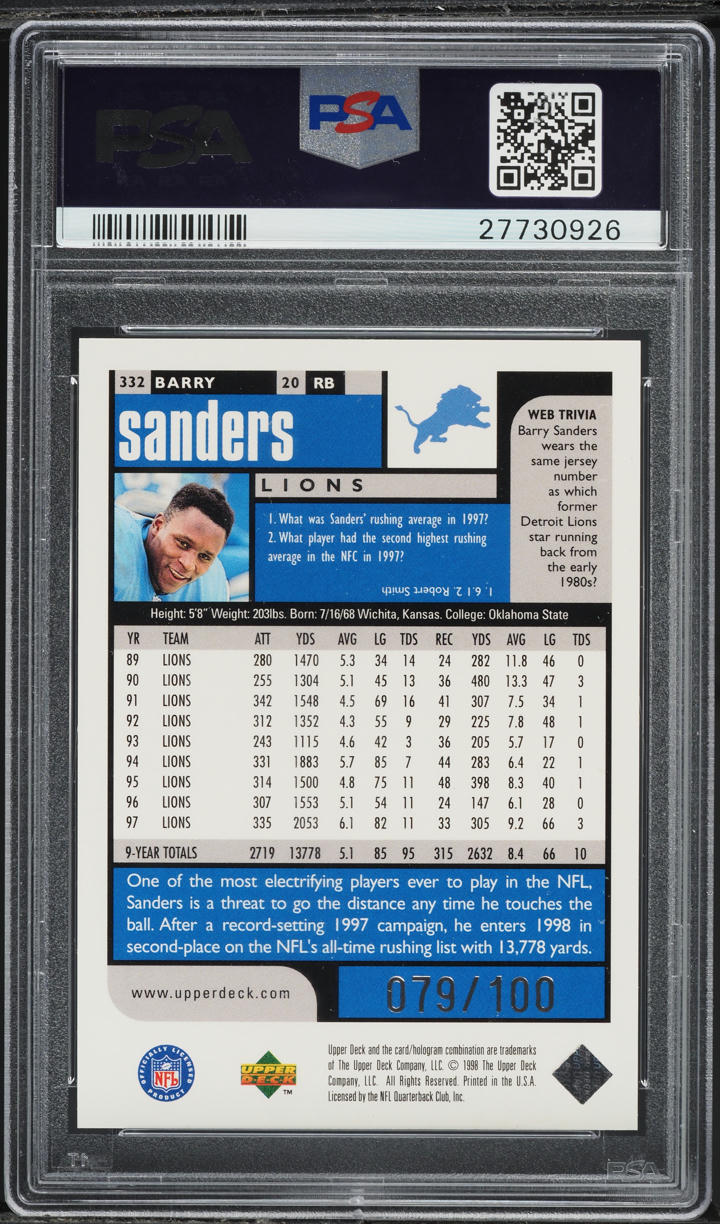 1998 UD Choice Prime Choice Reserve Barry Sanders /100 #332 PSA 10 GEM MINT - Photo 2