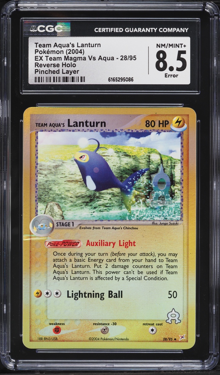 2004 Pokemon EX Team Magma Vs Aqua Reverse Holo Error Team Aqua's Lanturn #28 CGC 8.5 NM-MT+