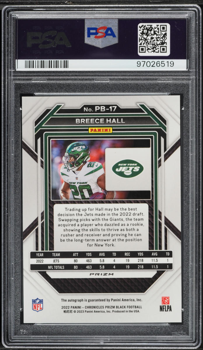 2022 Panini Chronicles Prizm Black Breece Hall ROOKIE AUTO #PB-17 PSA 10 GEM MINT