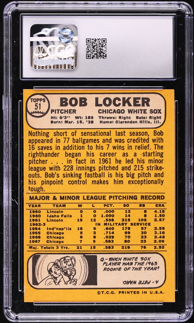 1968 Topps Bob Locker #51 CGC 6 EXMT