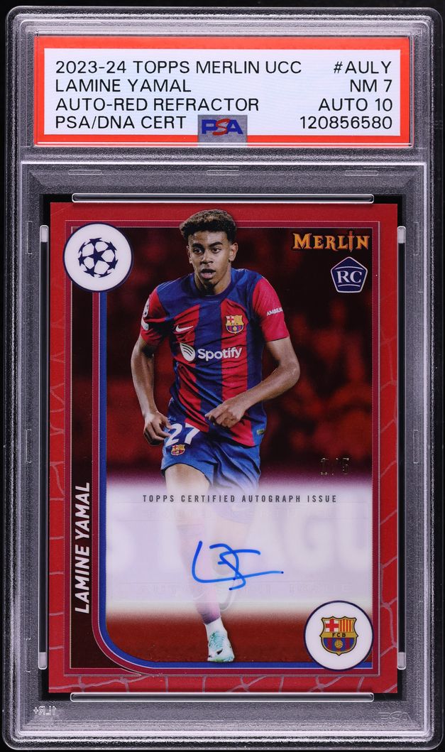 2023 Topps Merlin UEFA Red Refractor Lamine Yamal ROOKIE AUTO DNA 10 1/5 PSA 7 NRMT