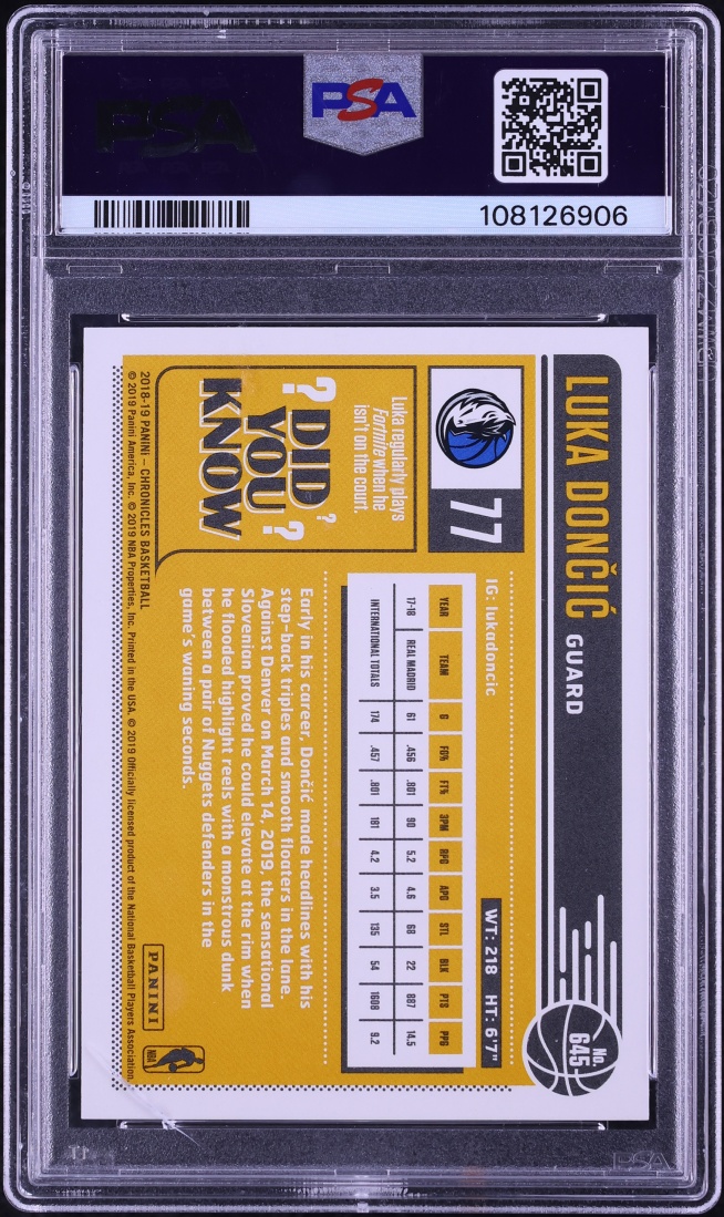 2018 Panini Chronicles Luka Doncic ROOKIE #645 PSA 10 GEM MINT