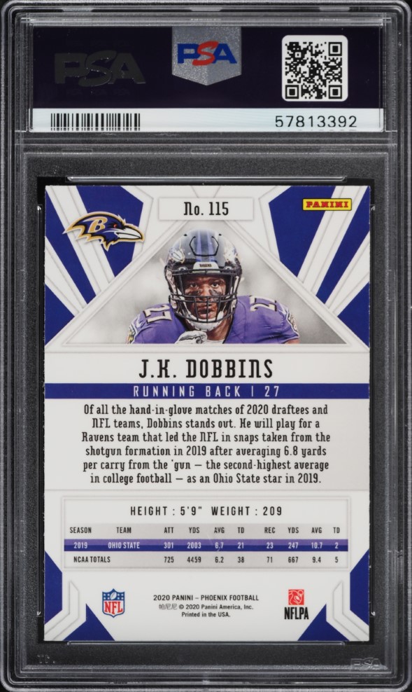 2020 Panini Phoenix Fire Burst J.K. Dobbins ROOKIE #115 PSA 9 MINT