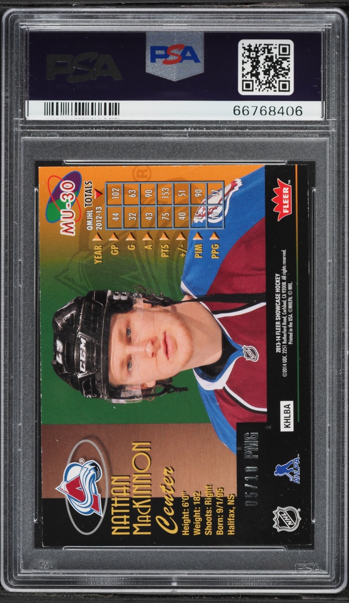 2013 Fleer Showcase Metal Universe Green Nathan MacKinnon ROOKIE /10 #MU-30 PSA 8 NM-MT