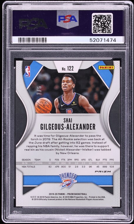 2019 Panini Prizm Black Gold Shai Gilgeous-Alexander 1/5 #122 PSA 9 MINT