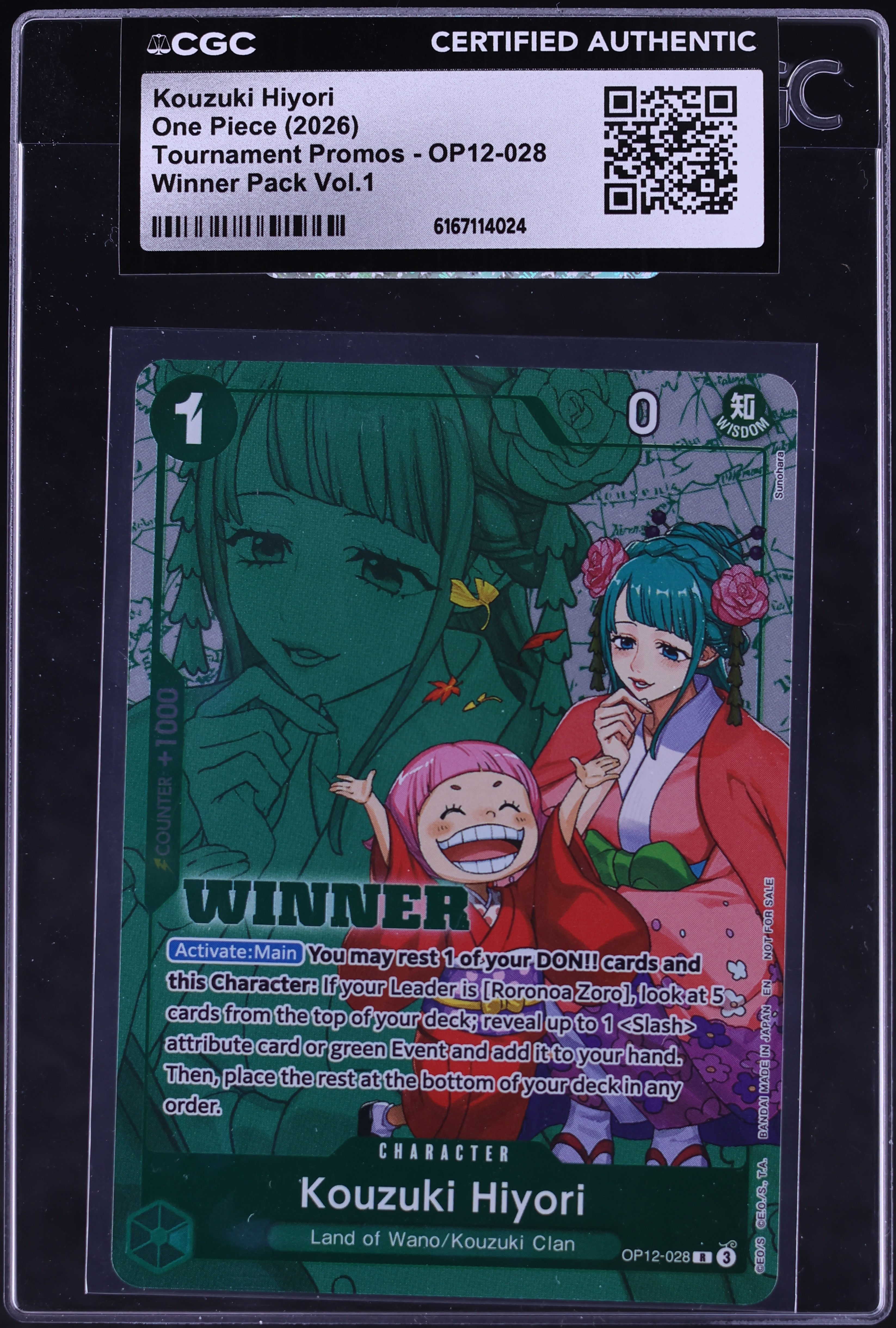 2026 One Piece Tournament Promo Winner Pack Volume 1 Alt Art Kouzuki Hiyori #OP12-028 CGC AUTH